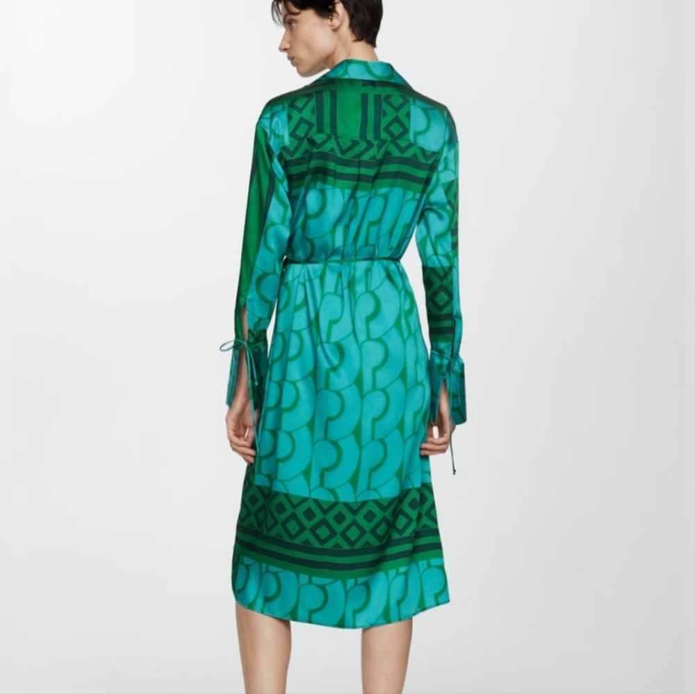 Mango | Green and Blue Wrap Dress with 3/4 Bishop Sleeves for Cocktail - Picture 9 of 14